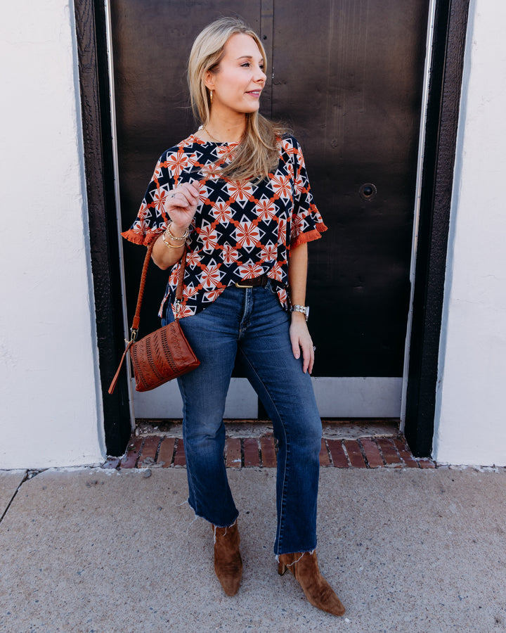 Multiples: Fringe Hem Raglan Elbow Sleeve Scoop Neck Knit Top in Multi (M36207TM)
