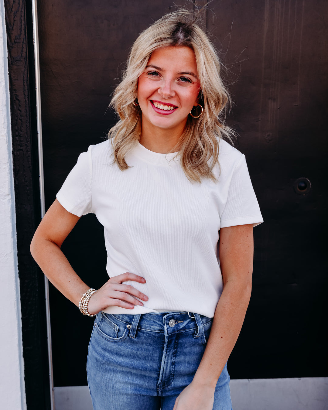 Kut: Langley Short Sleeve Rib Top in White