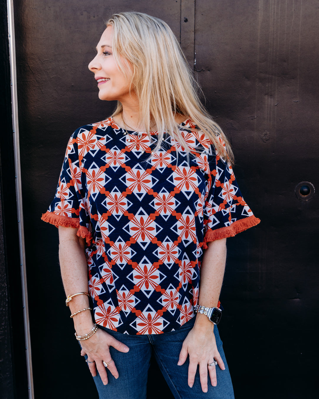 Multiples: Fringe Hem Raglan Elbow Sleeve Scoop Neck Knit Top in Multi (M36207TM)