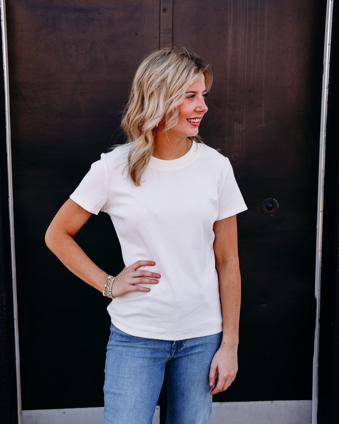 Kut: Langley Short Sleeve Rib Top in White
