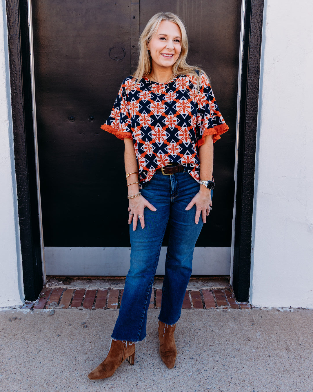 Multiples: Fringe Hem Raglan Elbow Sleeve Scoop Neck Knit Top in Multi (M36207TM)
