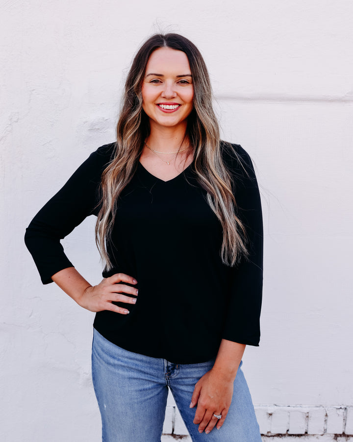 French Dressing Jeans: Black 3/4 Sleeve V-Neck Top 3318756