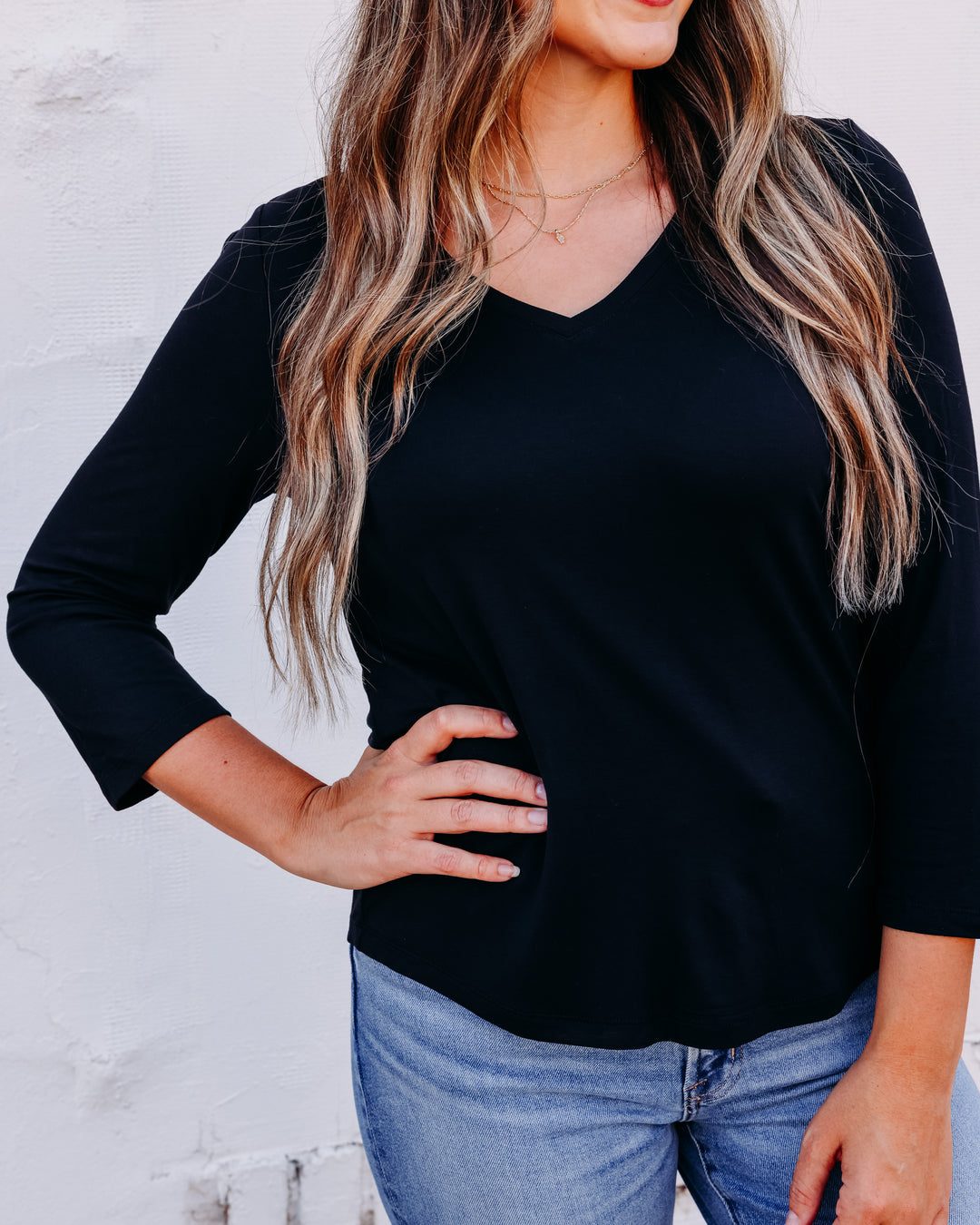 French Dressing Jeans: Black 3/4 Sleeve V-Neck Top 3318756