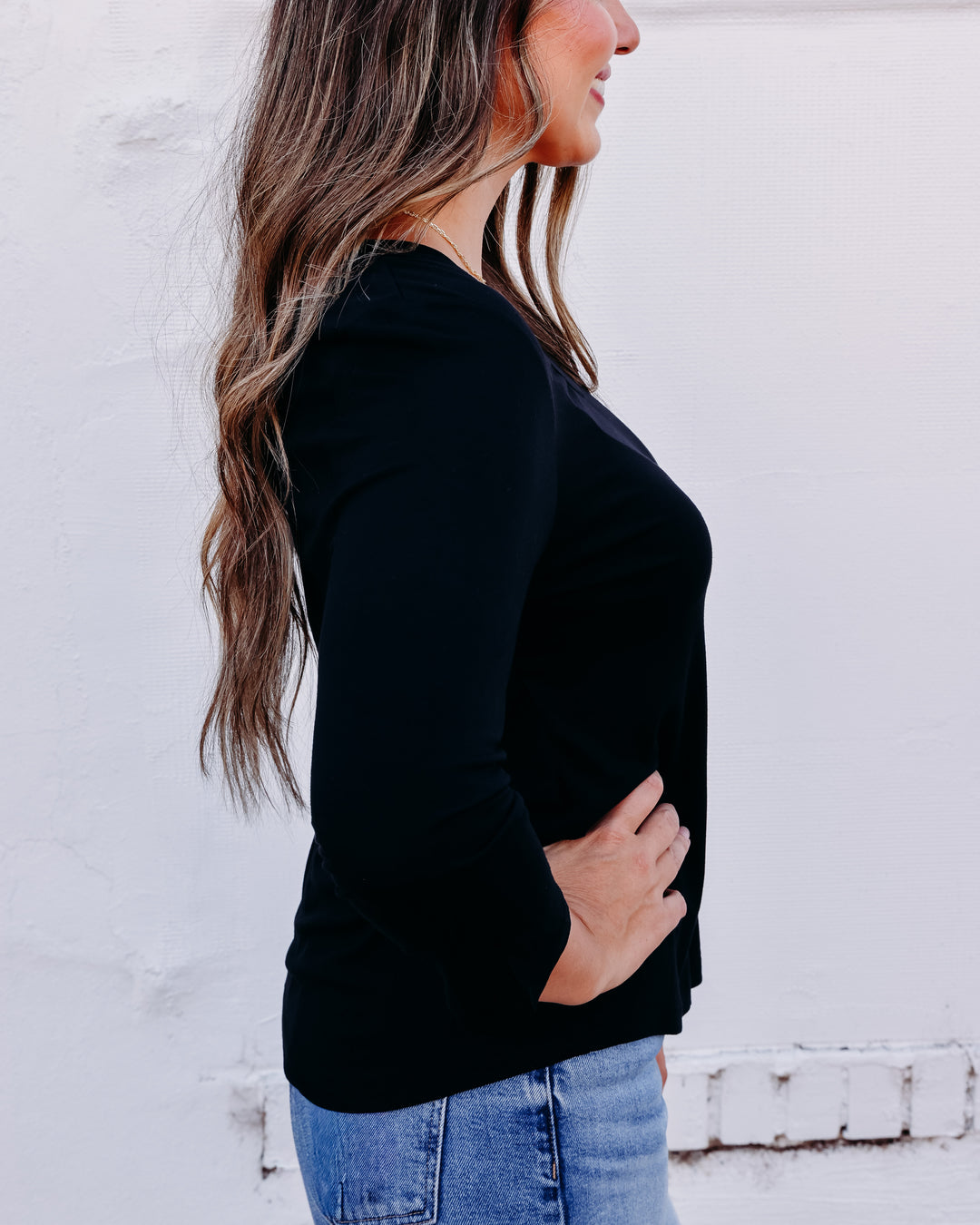 French Dressing Jeans: Black 3/4 Sleeve V-Neck Top 3318756