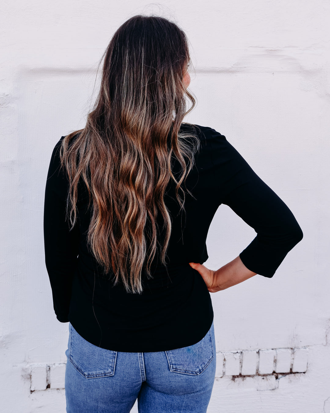 French Dressing Jeans: Black 3/4 Sleeve V-Neck Top 3318756