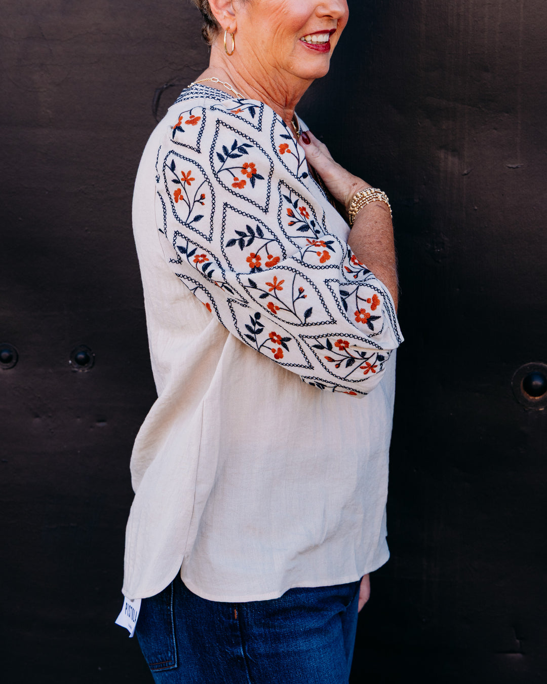 Multiples: 3/4 Puff Sleeve Notch Neck Band Collar Woven Top With Embroidery in Multi (M36206TM)