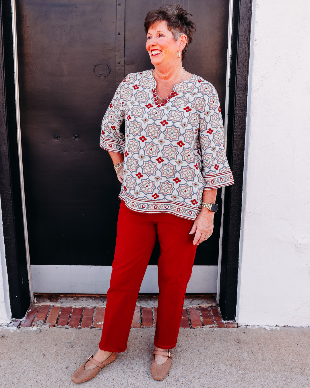 Multiples: Pull On 5-Pocket Fringe Hem Woven Ankle Pant in Brick (M35714PM)