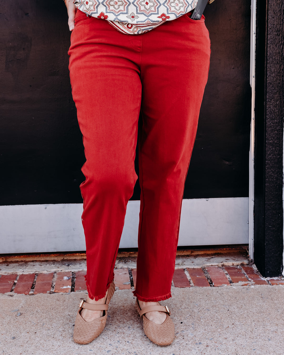 Multiples: Pull On 5-Pocket Fringe Hem Woven Ankle Pant in Brick (M35714PM)