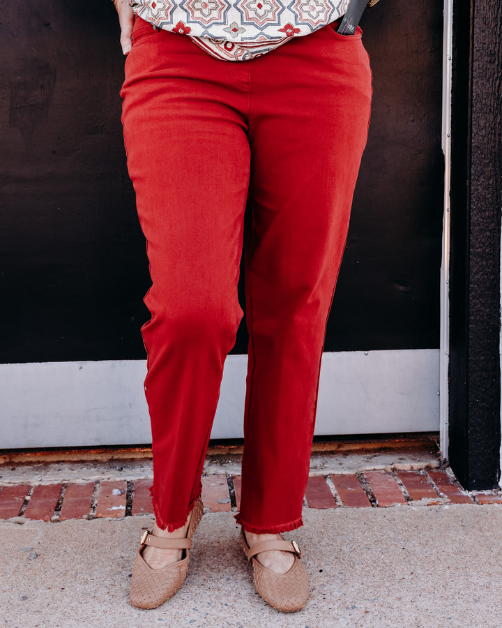 Multiples: Pull On 5-Pocket Fringe Hem Woven Ankle Pant in Brick (M35714PM)