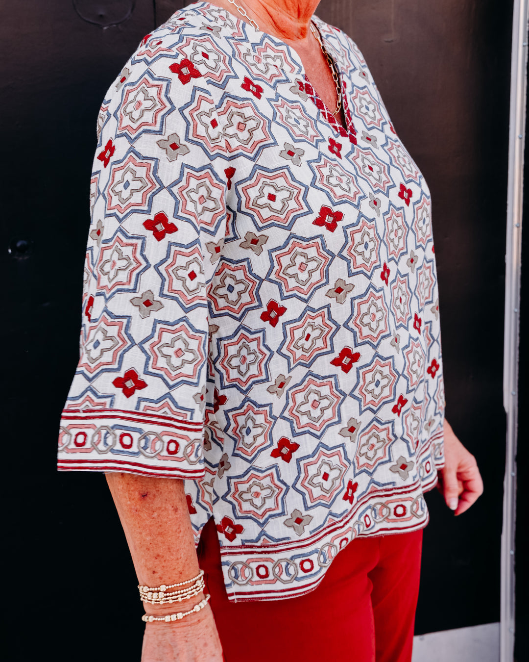Multiples: 3/4 Flare Sleeve Notch Neck Woven Top With Embroidery in Multi (M36504TM)