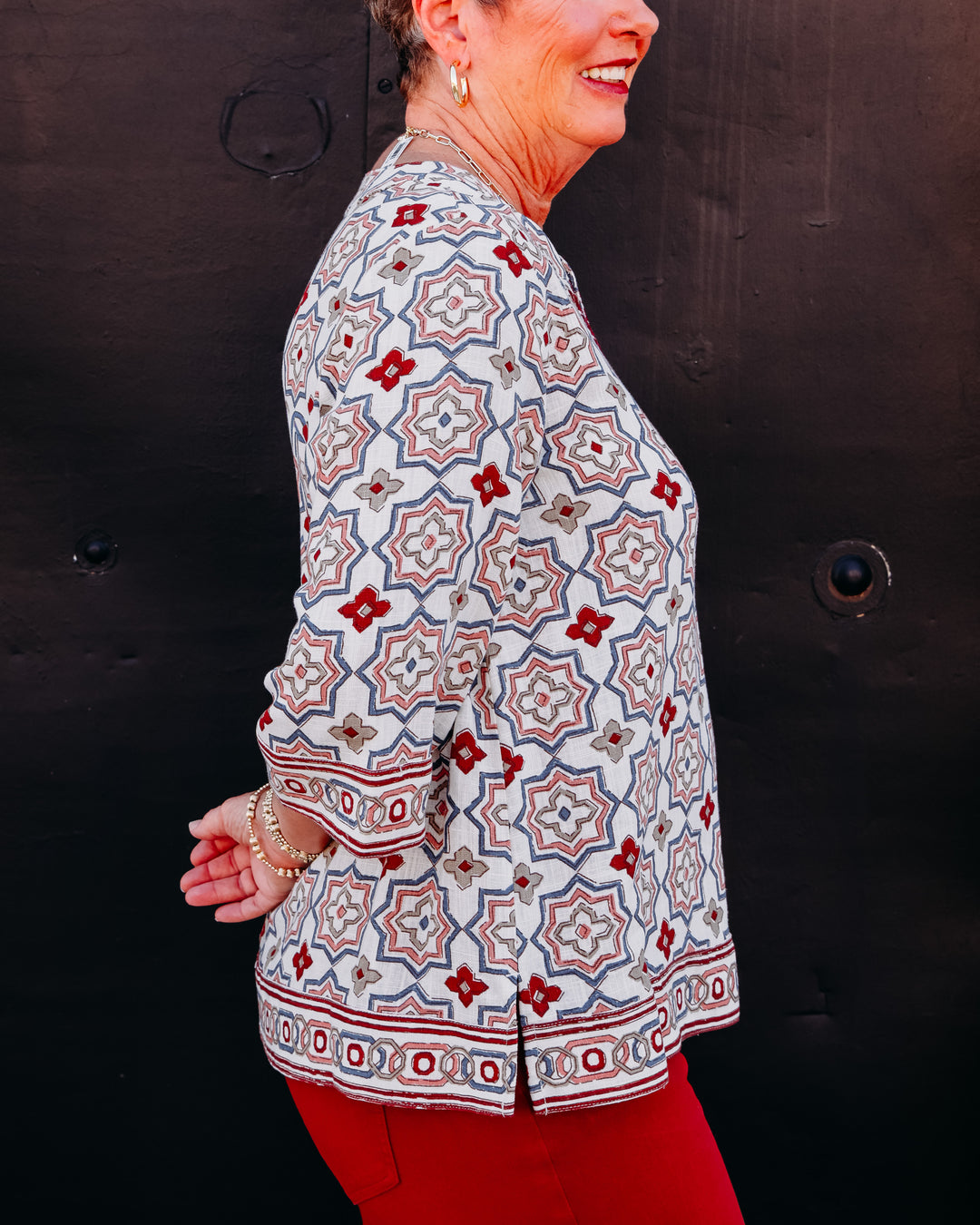 Multiples: 3/4 Flare Sleeve Notch Neck Woven Top With Embroidery in Multi (M36504TM)