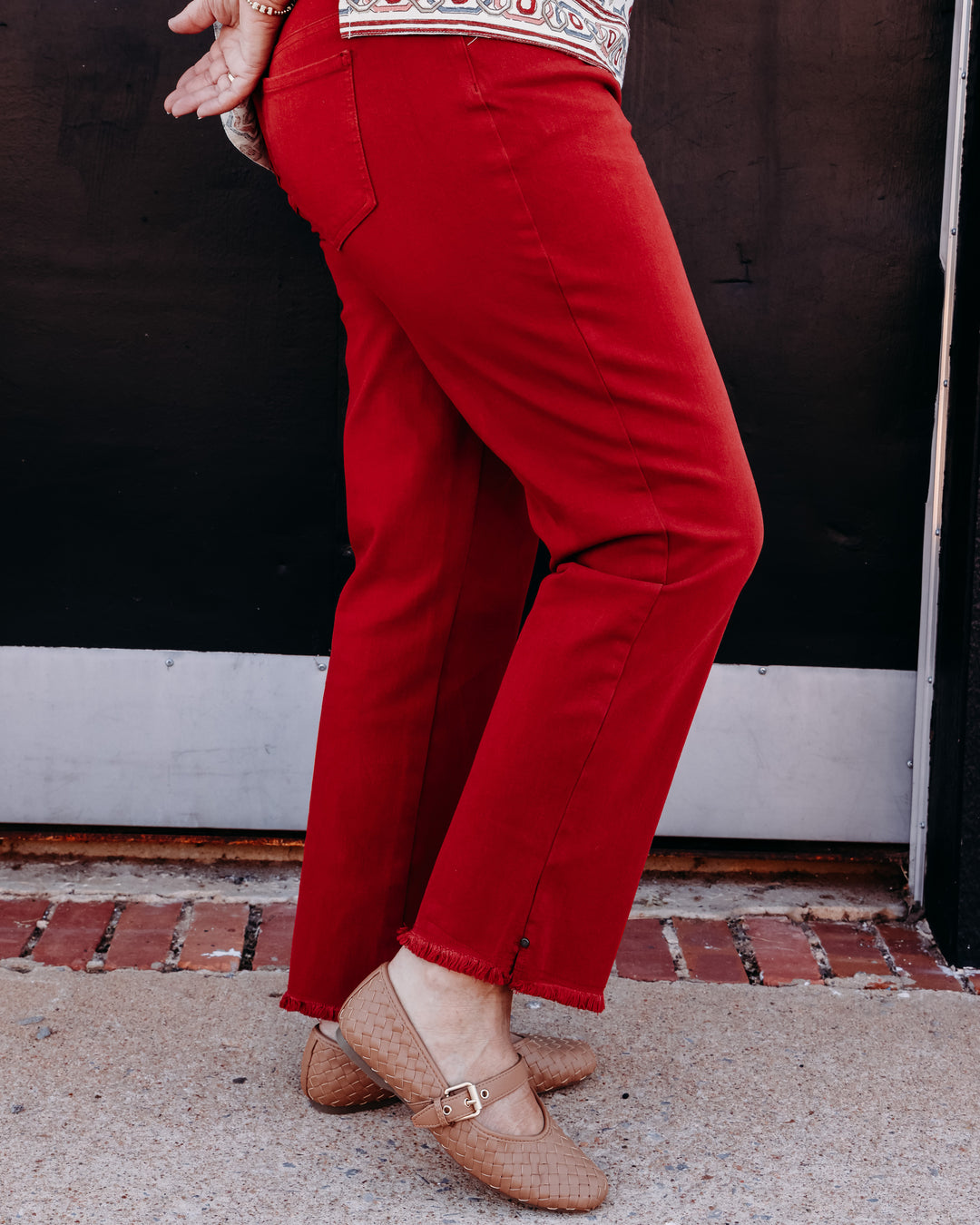 Multiples: Pull On 5-Pocket Fringe Hem Woven Ankle Pant in Brick (M35714PM)