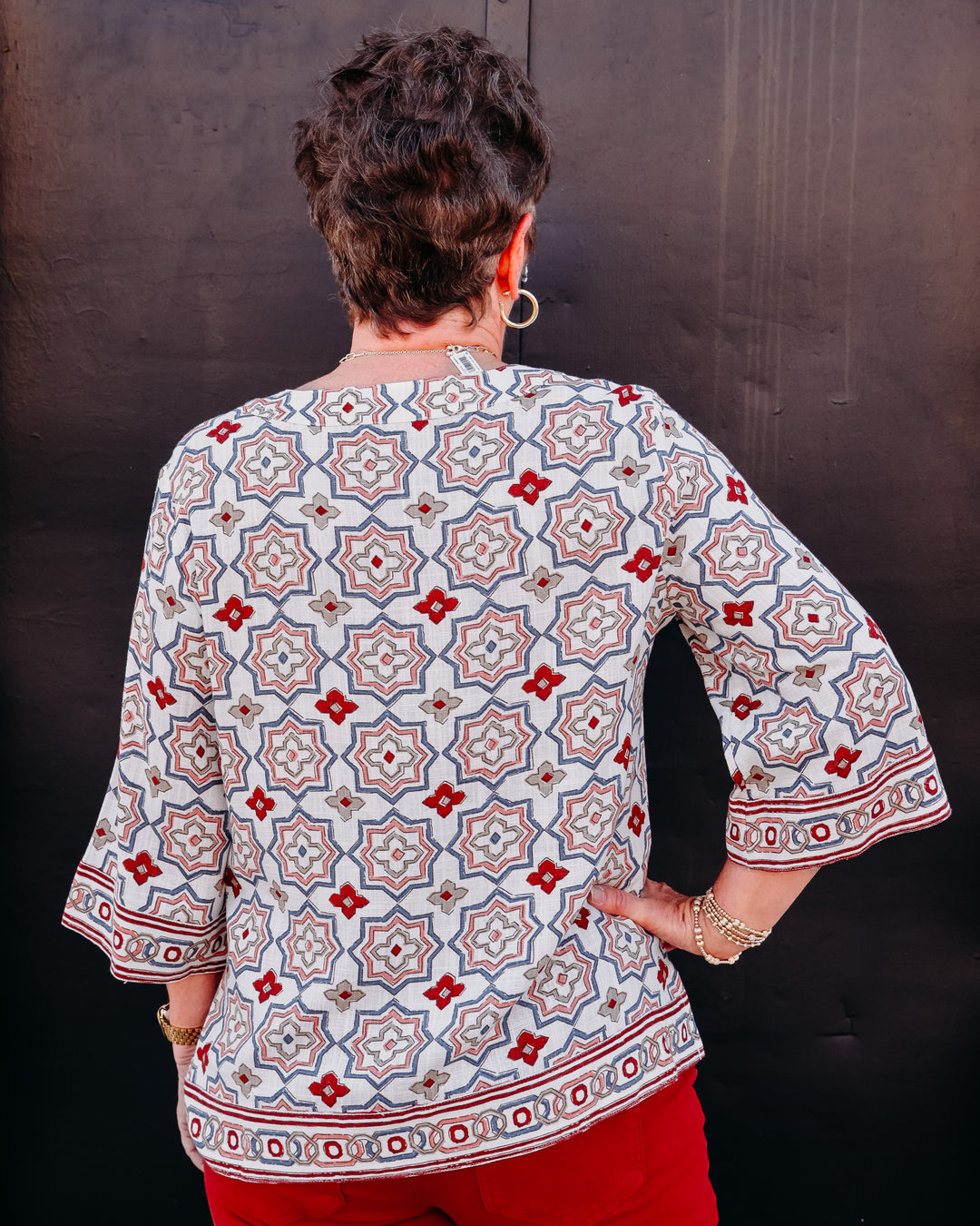 Multiples: 3/4 Flare Sleeve Notch Neck Woven Top With Embroidery in Multi (M36504TM)