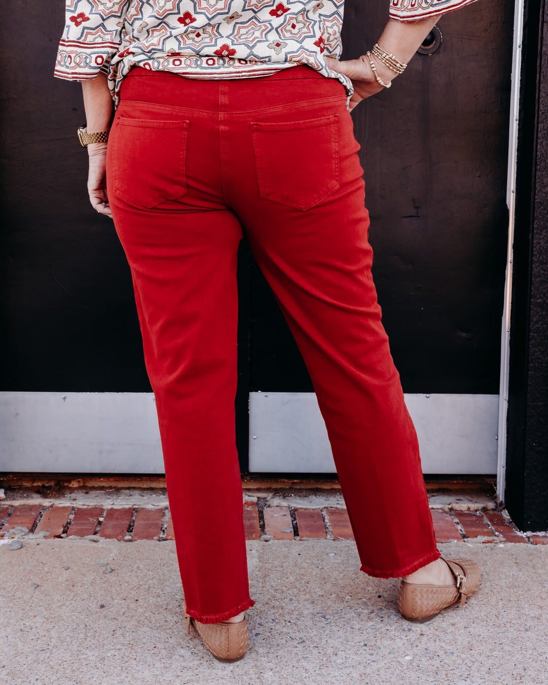 Multiples: Pull On 5-Pocket Fringe Hem Woven Ankle Pant in Brick (M35714PM)
