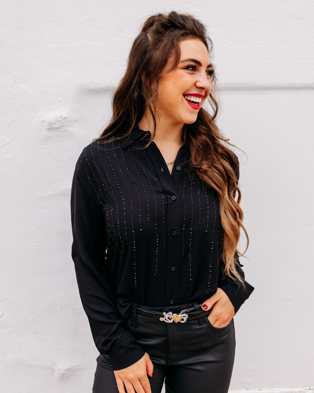 Karen Kane: Gemstone Button Up Top in Black (3L71801)