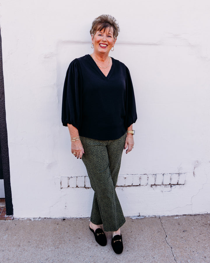 Multiples: Puff Sleeve Banded V-Neck Woven Top in Black (M36102TM)
