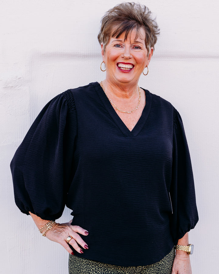 Multiples: Puff Sleeve Banded V-Neck Woven Top in Black (M36102TM)