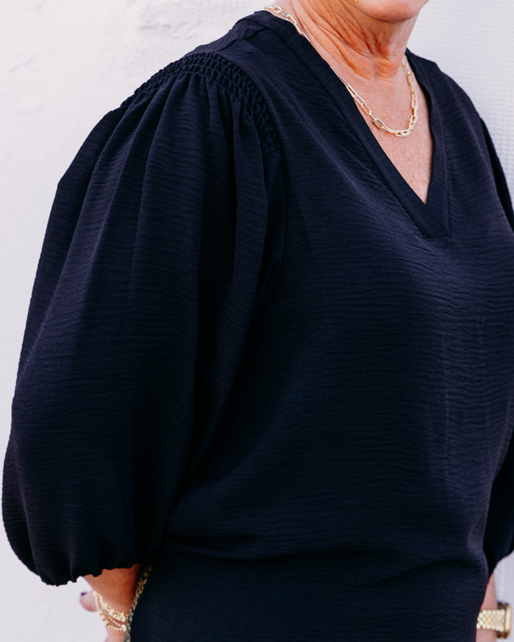 Multiples: Puff Sleeve Banded V-Neck Woven Top in Black (M36102TM)