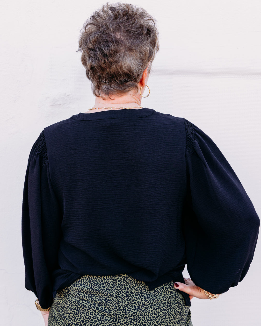 Multiples: Puff Sleeve Banded V-Neck Woven Top in Black (M36102TM)