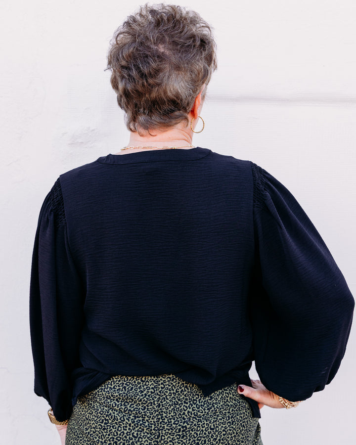 Multiples: Puff Sleeve Banded V-Neck Woven Top in Black (M36102TM)