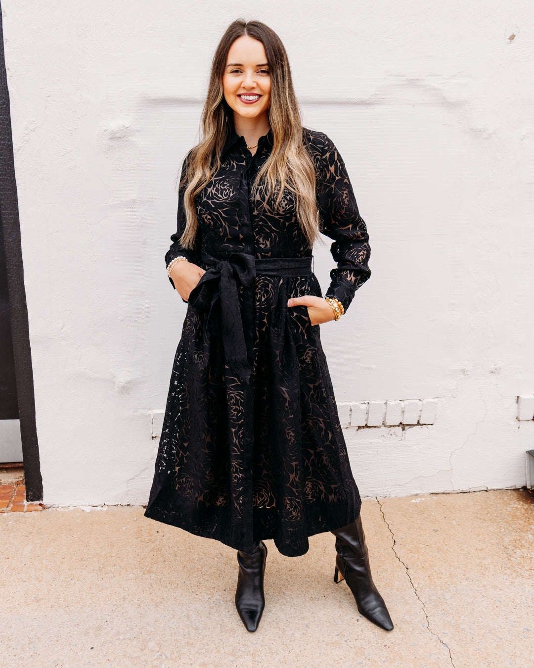 Jade: Pleated Waist dress in Black Burnout Pattern (80J8116)