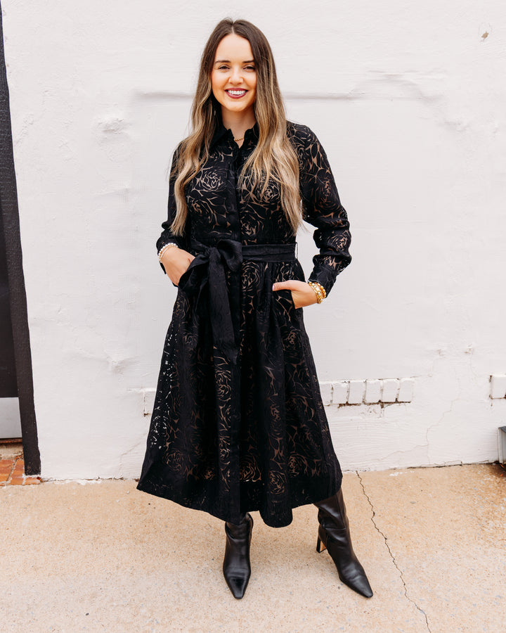 Jade: Pleated Waist dress in Black Burnout Pattern (80J8116)