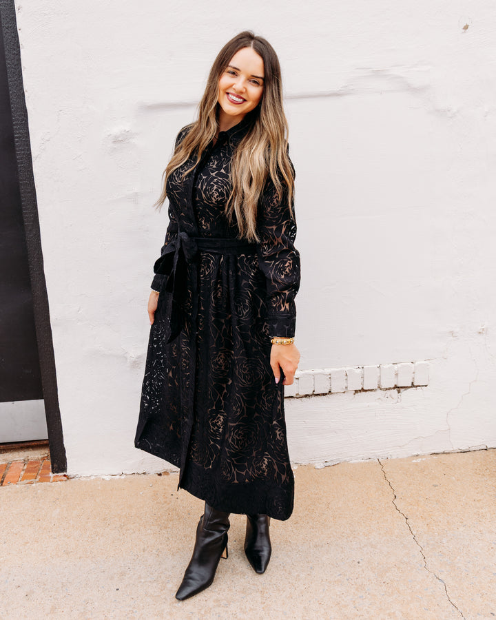 Jade: Pleated Waist dress in Black Burnout Pattern (80J8116)