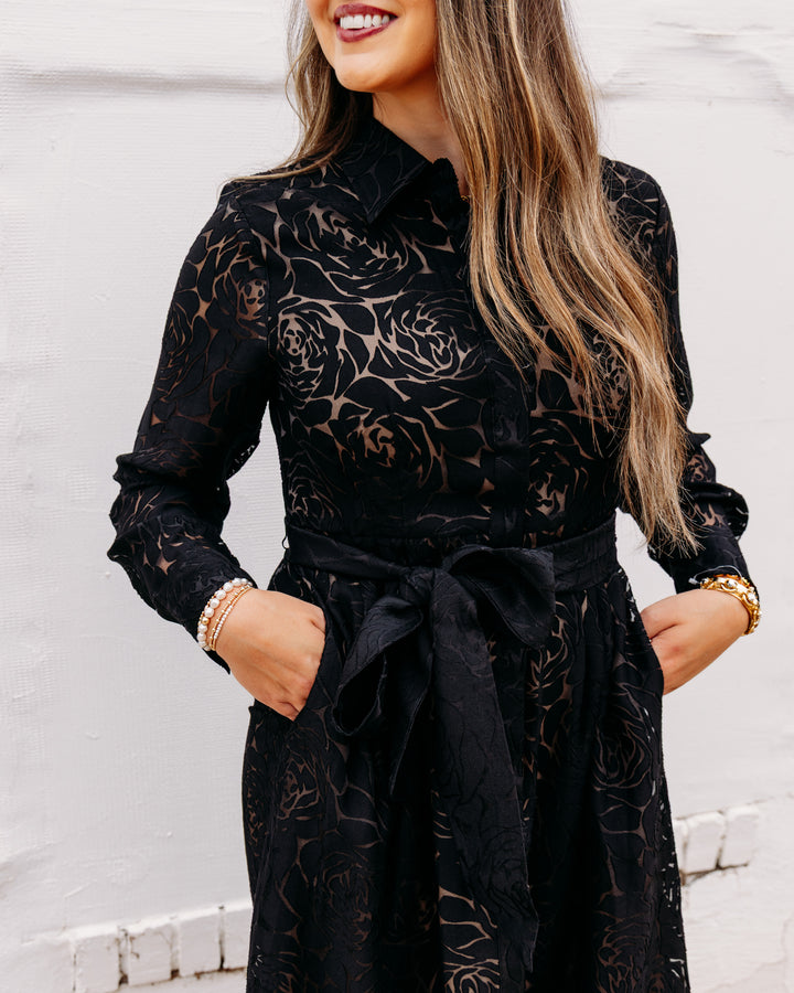 Jade: Pleated Waist dress in Black Burnout Pattern (80J8116)