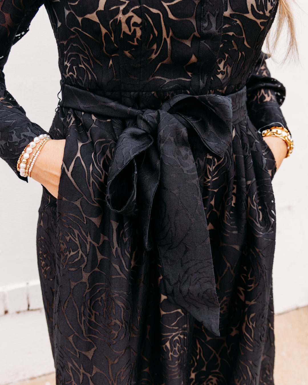 Jade: Pleated Waist dress in Black Burnout Pattern (80J8116)