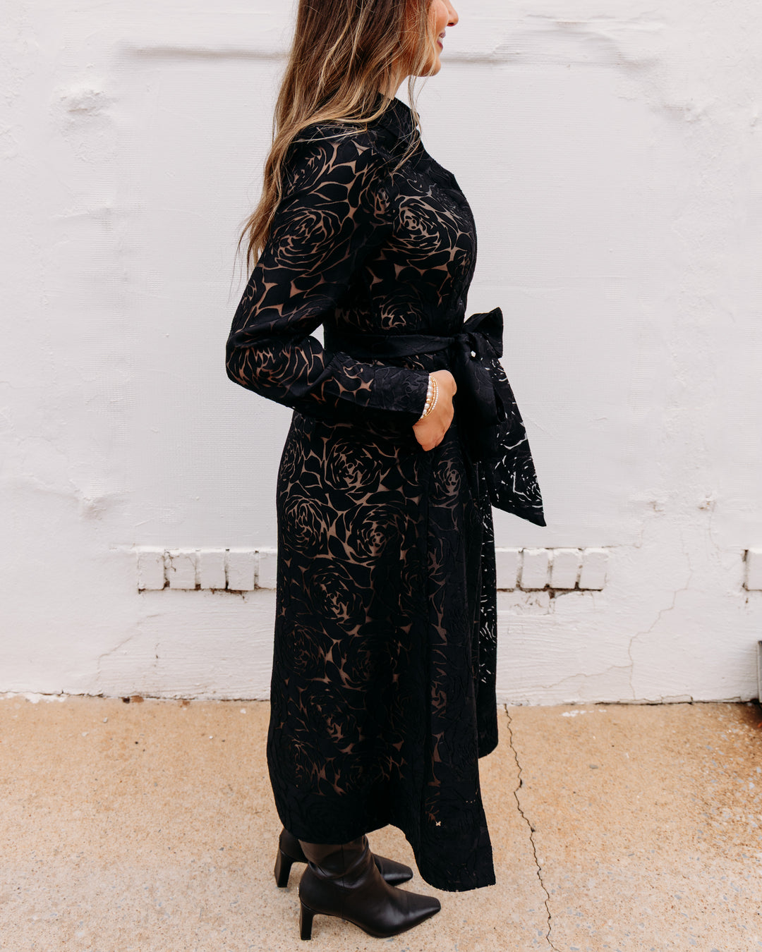 Jade: Pleated Waist dress in Black Burnout Pattern (80J8116)