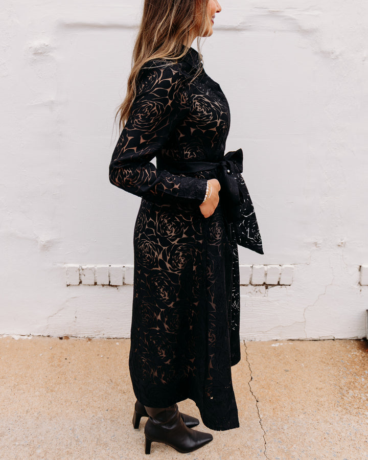 Jade: Pleated Waist dress in Black Burnout Pattern (80J8116)