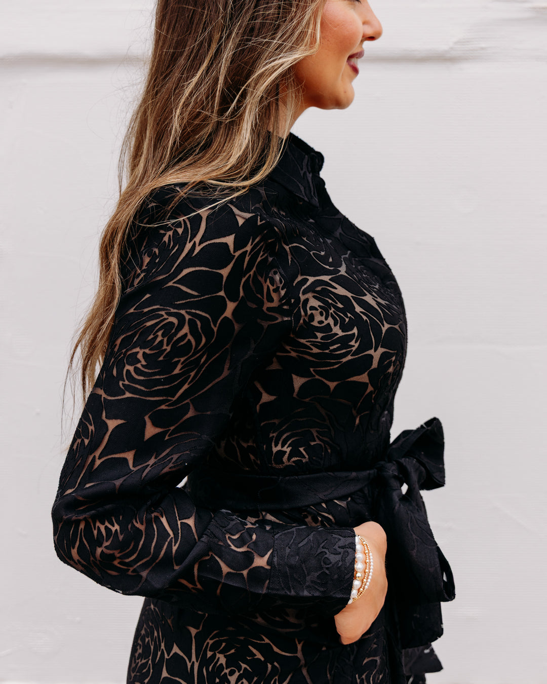 Jade: Pleated Waist dress in Black Burnout Pattern (80J8116)