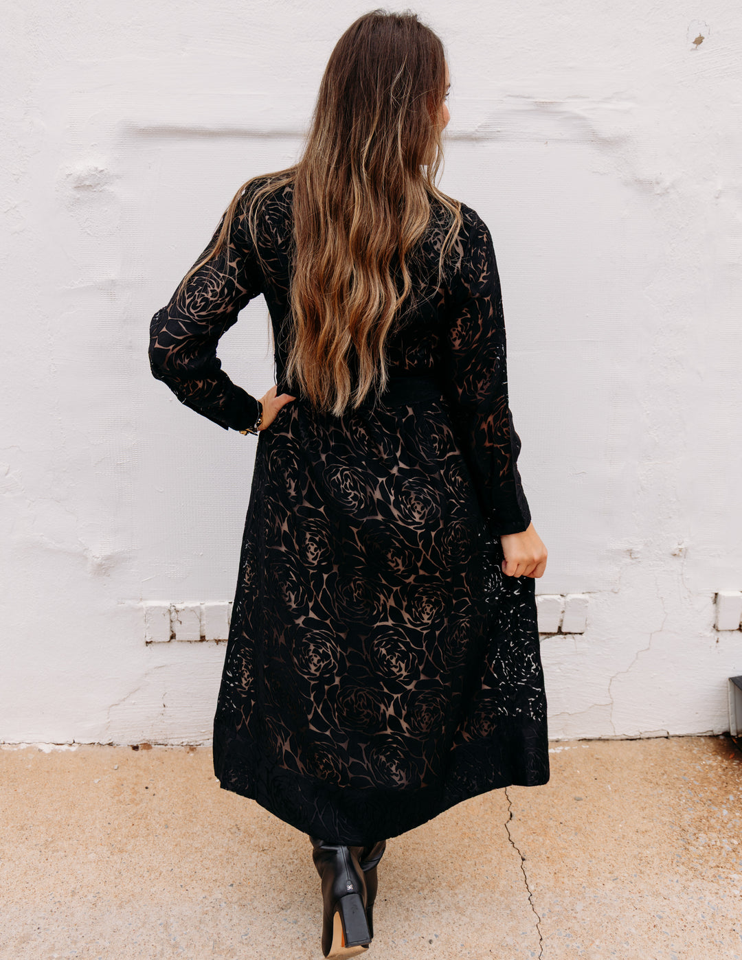 Jade: Pleated Waist dress in Black Burnout Pattern (80J8116)
