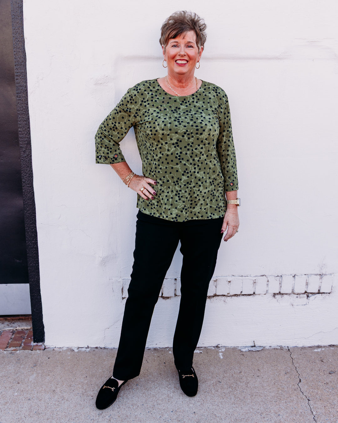 Multiples: 3/4 Slv Scoop Neck Knit Top With Grommet Trim in Olive (M36403TM)