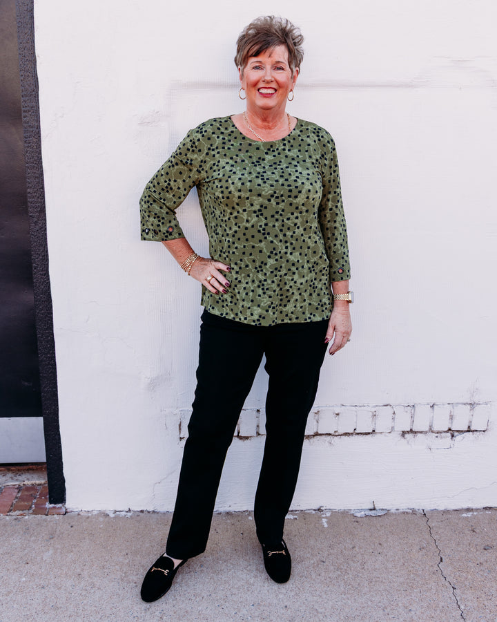 Multiples: 3/4 Slv Scoop Neck Knit Top With Grommet Trim in Olive (M36403TM)