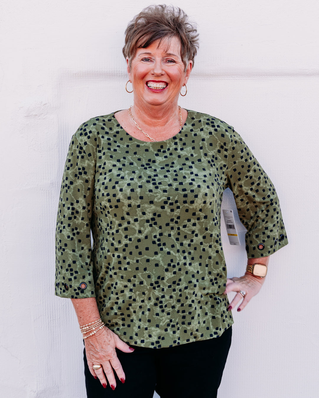 Multiples: 3/4 Slv Scoop Neck Knit Top With Grommet Trim in Olive (M36403TM)