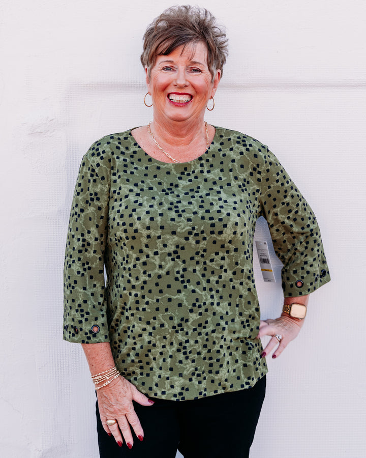 Multiples: 3/4 Slv Scoop Neck Knit Top With Grommet Trim in Olive (M36403TM)
