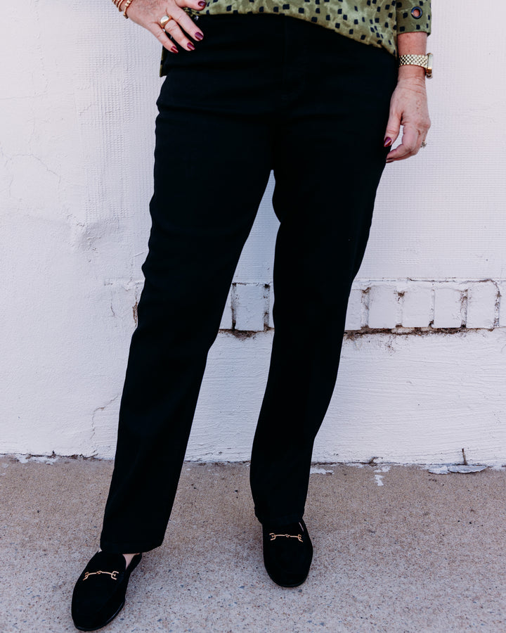 Multiples: Zip & Button Front 5-Pocket Boot Cut Woven Jean Ankle Pant in Black Denim (M36717PM)