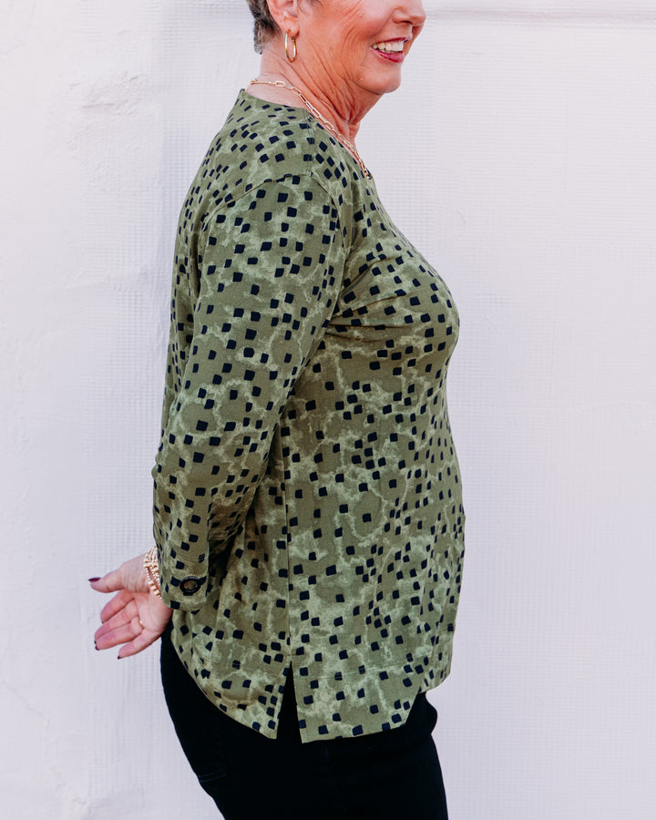 Multiples: 3/4 Slv Scoop Neck Knit Top With Grommet Trim in Olive (M36403TM)