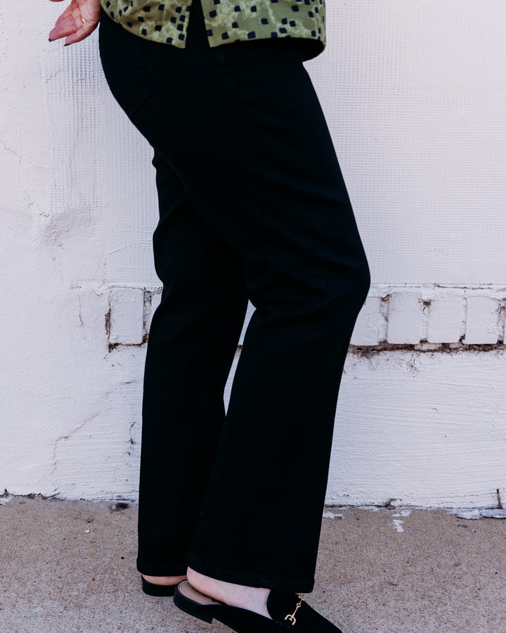 Multiples: Zip & Button Front 5-Pocket Boot Cut Woven Jean Ankle Pant in Black Denim (M36717PM)