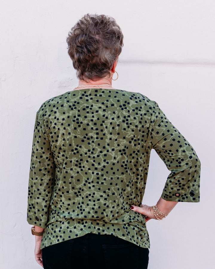 Multiples: 3/4 Slv Scoop Neck Knit Top With Grommet Trim in Olive (M36403TM)