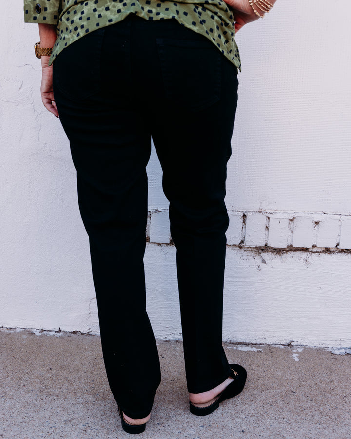 Multiples: Zip & Button Front 5-Pocket Boot Cut Woven Jean Ankle Pant in Black Denim (M36717PM)