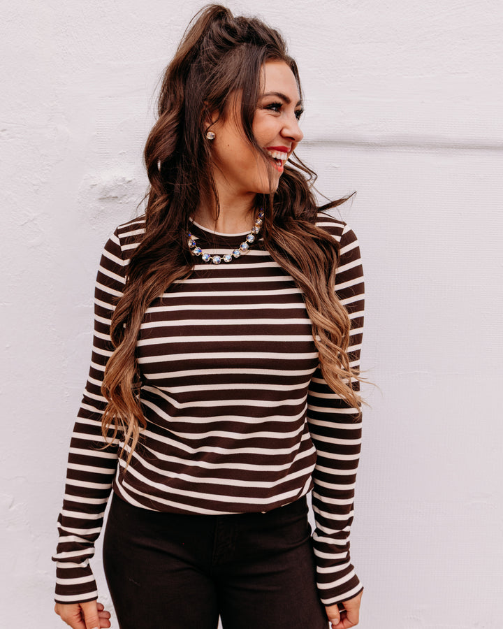 Karen Kane: Long Sleeve Crewneck Top in Chocolate (3L20404)