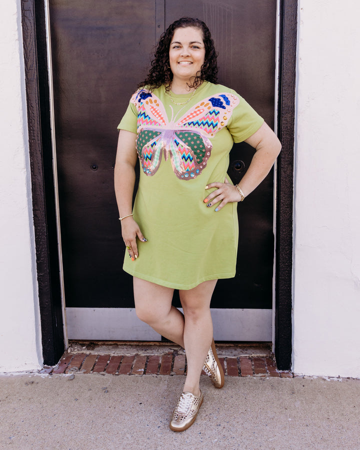 Queen Of Sparkles: Green Patchwork Butterfly Tee Dress in Green (FALL2682)