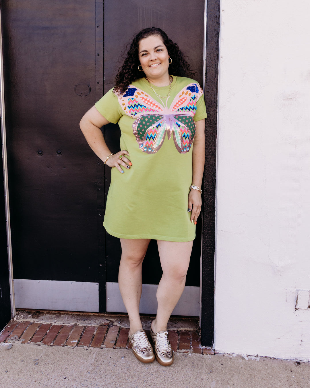 Queen Of Sparkles: Green Patchwork Butterfly Tee Dress in Green (FALL2682)