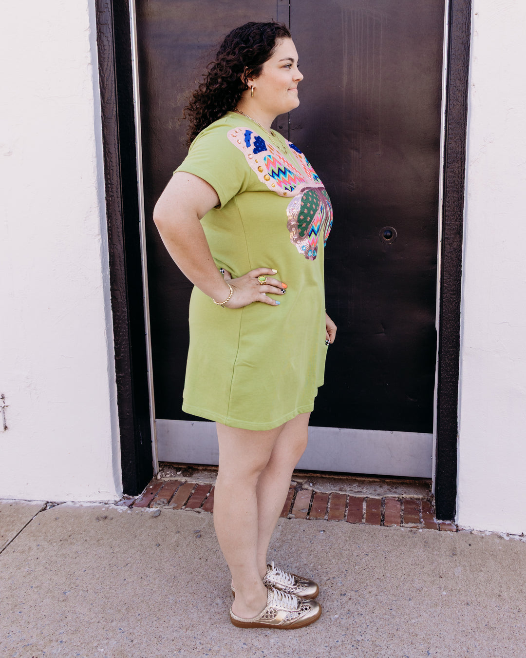 Queen Of Sparkles: Green Patchwork Butterfly Tee Dress in Green (FALL2682)