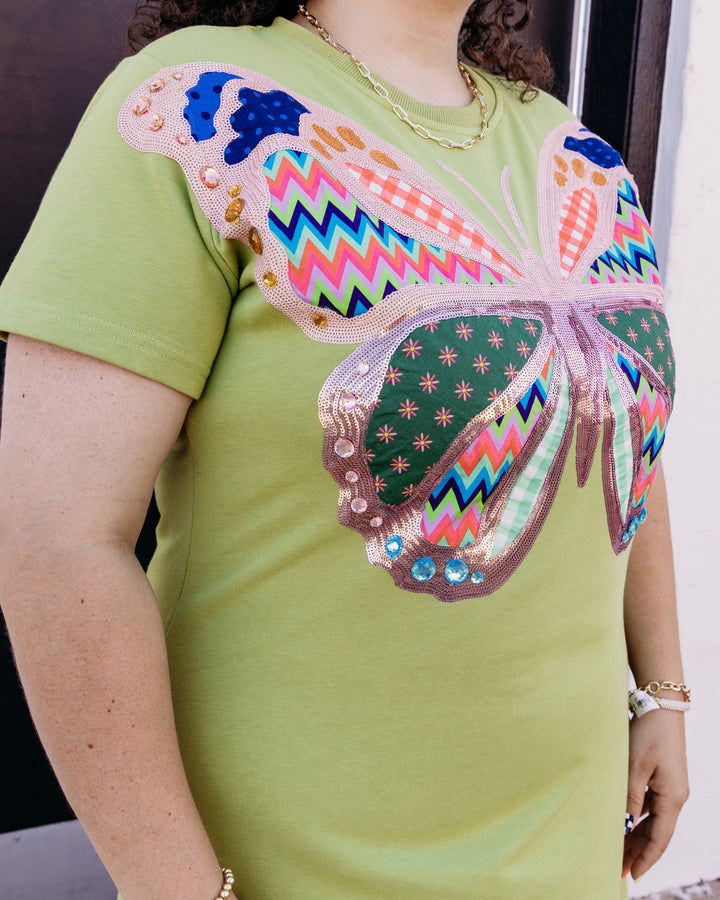 Queen Of Sparkles: Green Patchwork Butterfly Tee Dress in Green (FALL2682)