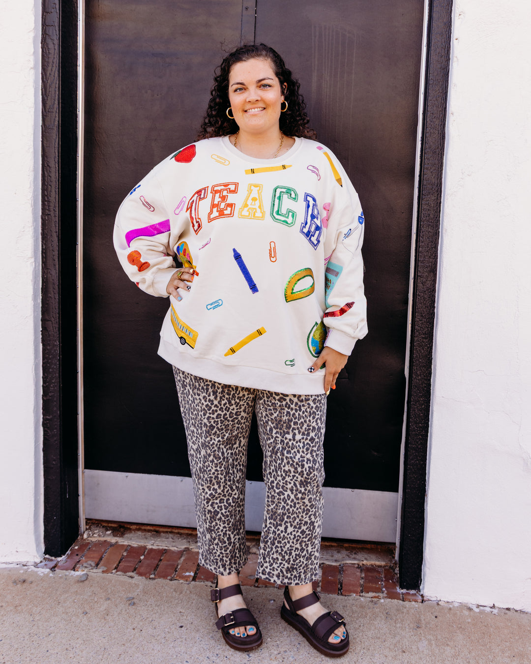 Queen Of Sparkles: Beige Multi 'Teach' Scattered Icon Sweatshirt in Beige (FALL2616)