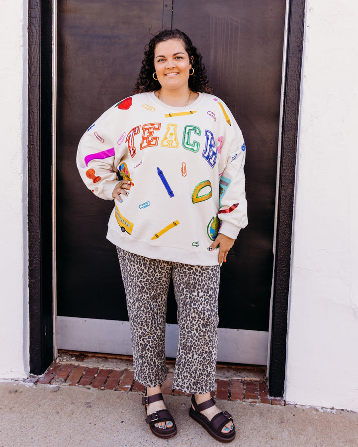 Queen Of Sparkles: Beige Multi 'Teach' Scattered Icon Sweatshirt in Beige (FALL2616)