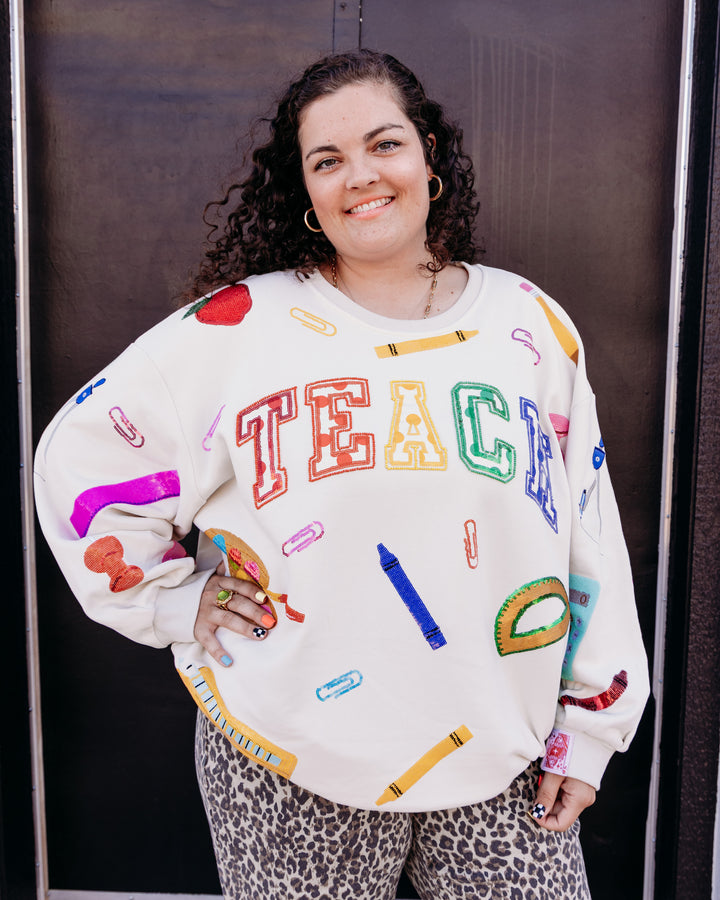Queen Of Sparkles: Beige Multi 'Teach' Scattered Icon Sweatshirt in Beige (FALL2616)